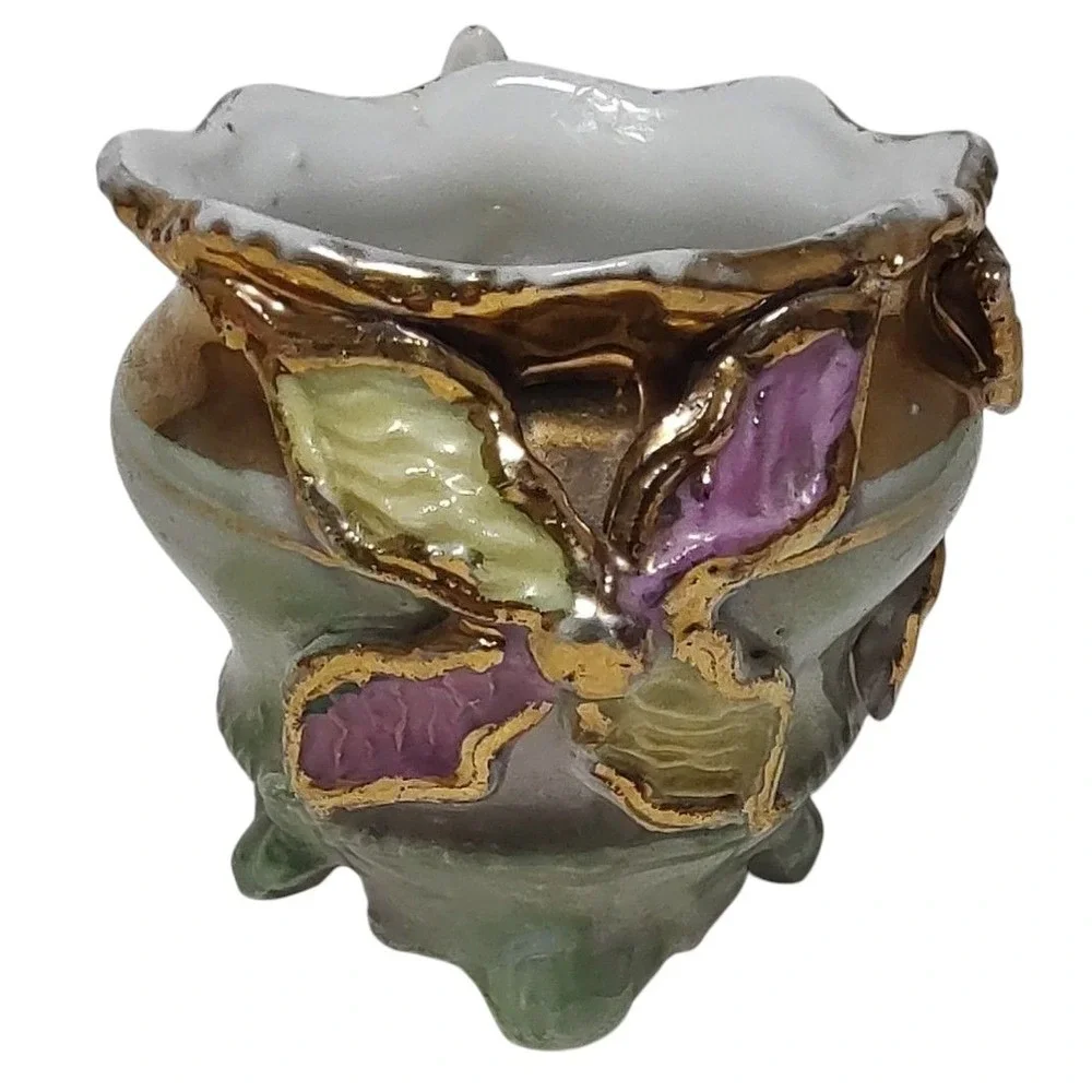 Vintage Bone China Demitasse Cup Green Pink Raised Flowers Footed Two Inches SEE
